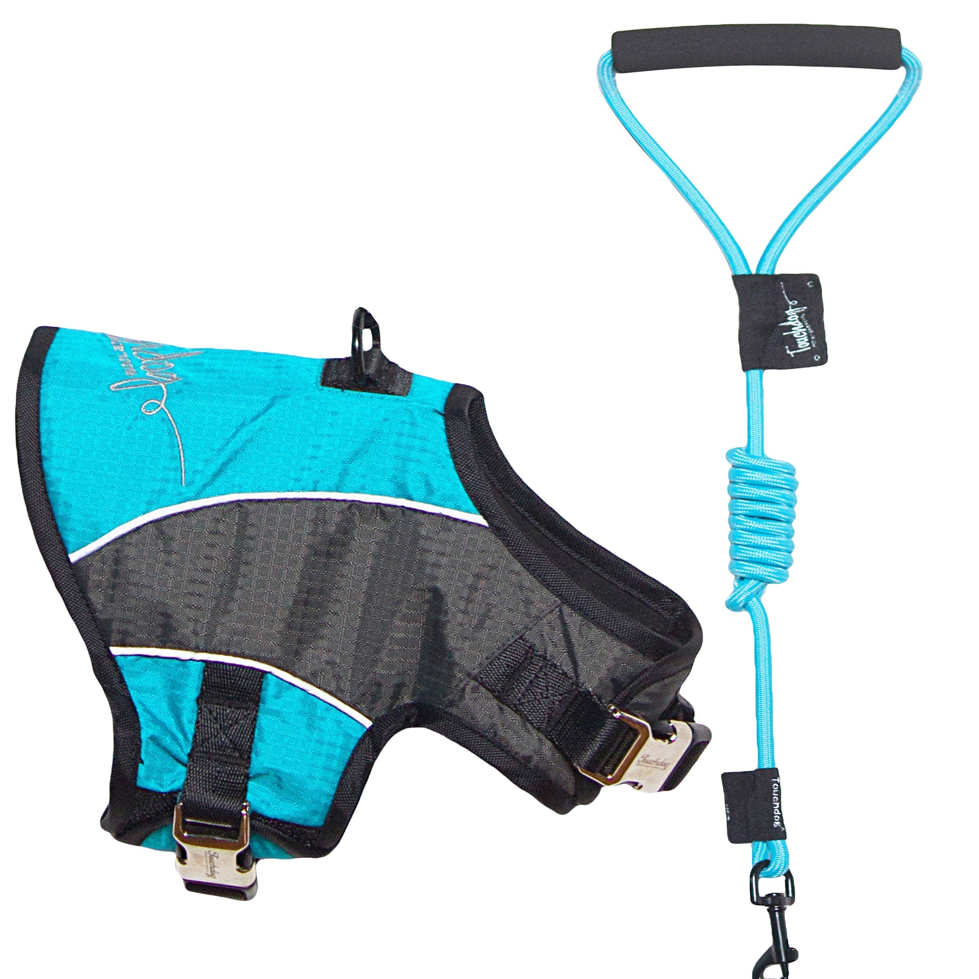Touchdog ® 'Reflective-Max' 2-in-1 Performance Dog Harness and Leash X-Small Turquoise Blue, Charcoal Grey