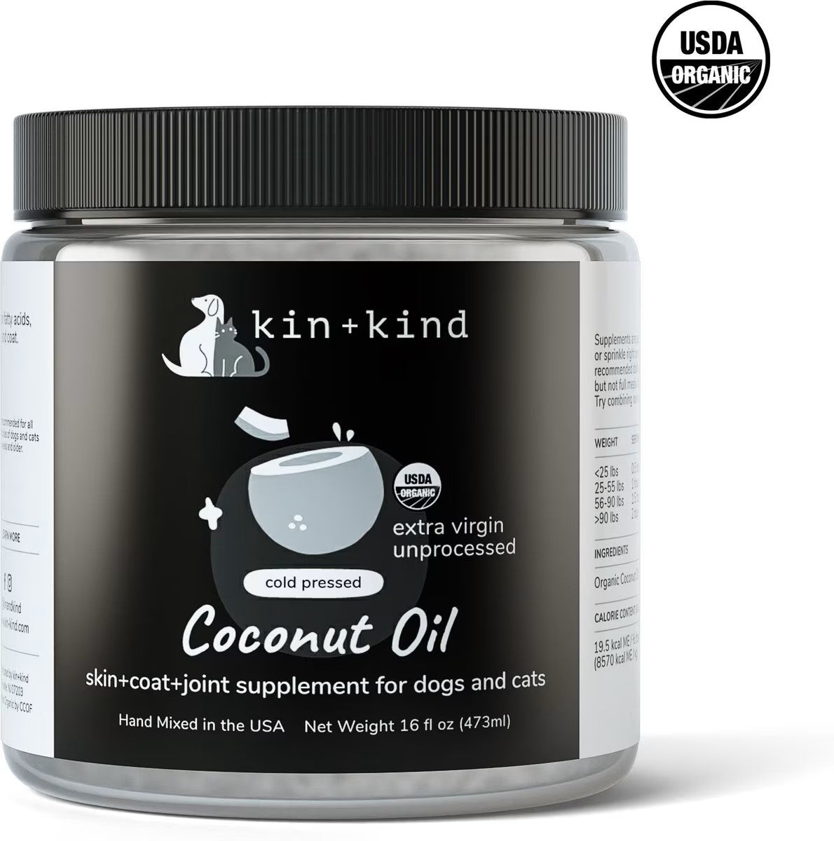 KIN + KIND Raw Superfood Supplements Raw Coconut Oil Cat and Dog - 16 oz Jar