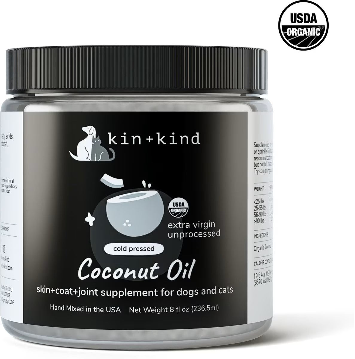 KIN + KIND Raw Superfood Supplements Raw Coconut Oil Cat and Dog - 8 oz Jar