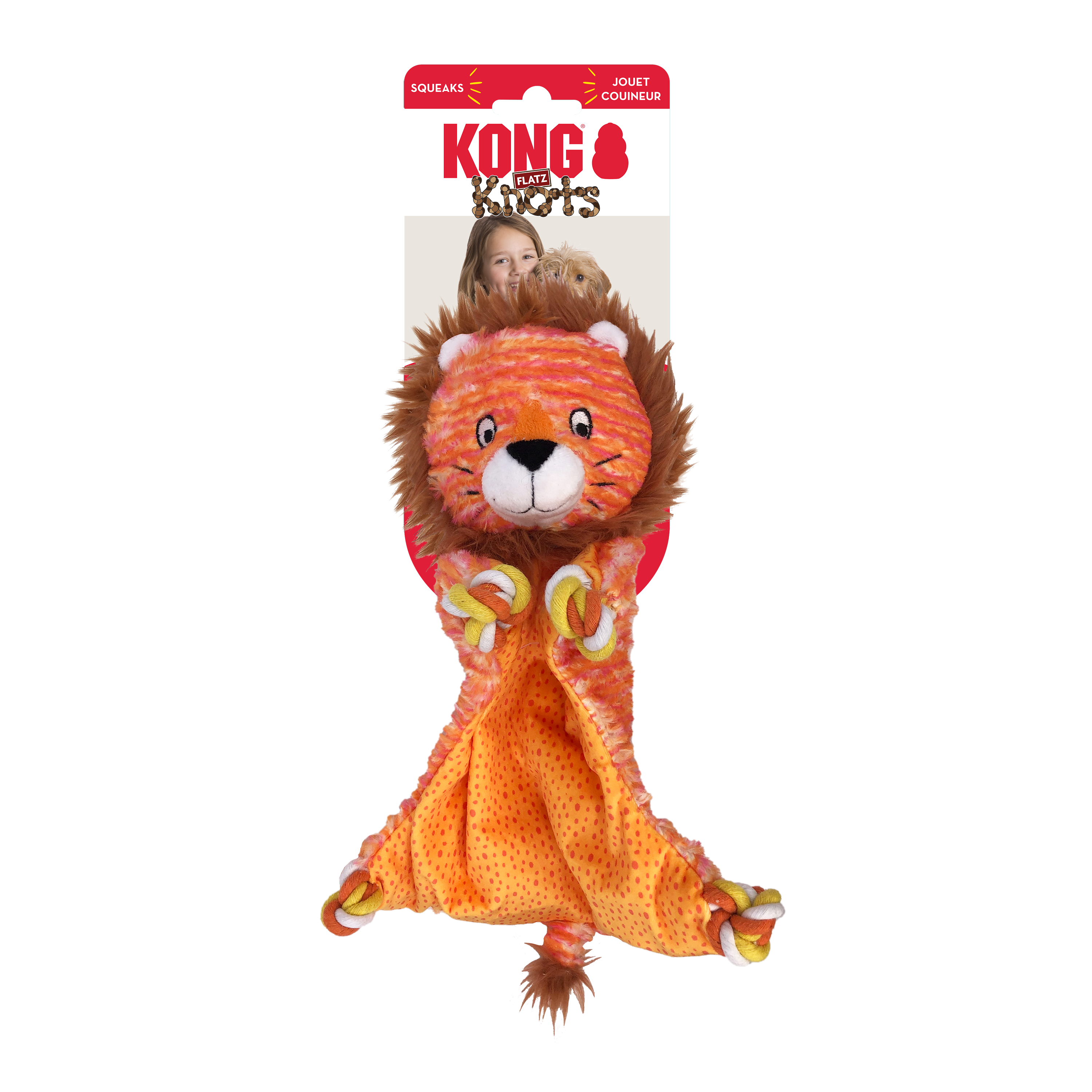 Kong Knots Flatz Lion Internally Knotted and Squeak Dog Toy - Yellow - Medium/Large  