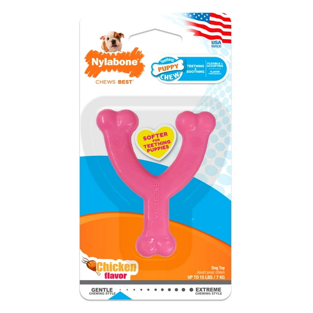 Nylabone Wishbone Puppy Teething Chicken Flavored Nylon Chew Dog Toy -  Pink - Extra Small/Petite