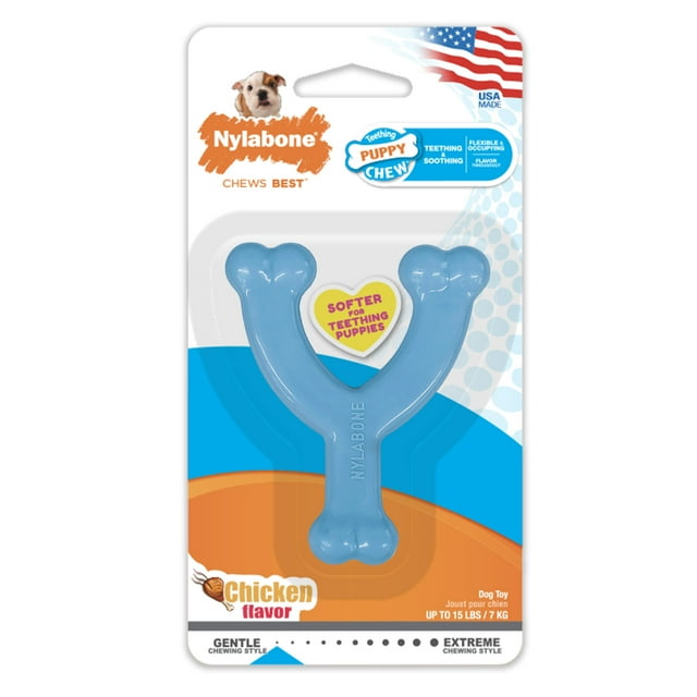 Nylabone Wishbone Puppy Teething Chicken Flavored Nylon Chew Dog Toy -  Blue - Extra Small/Petite