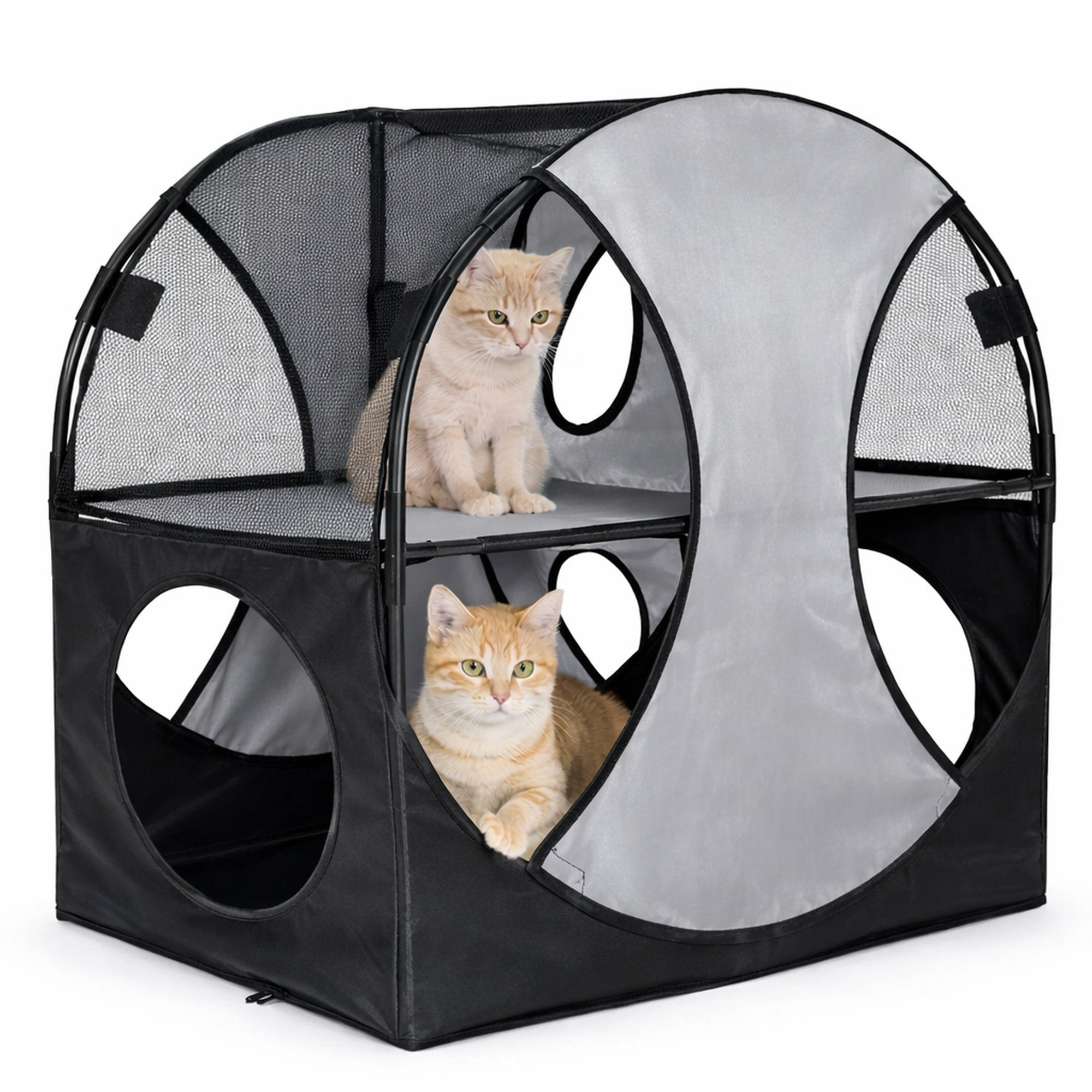 Pet Life ® 'Kitty-Play' Collapsible Travel Interactive Kitty Cat Tree Maze House Lounger Tunnel Lounge Grey, Black