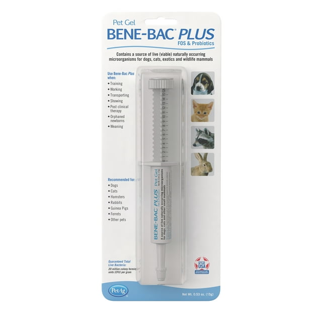 PetAg Bene-Bac Plus Gel with Syringe FOS and Probiotic Supplement for Dogs Cats and Wildlife Animals - 15 Grams