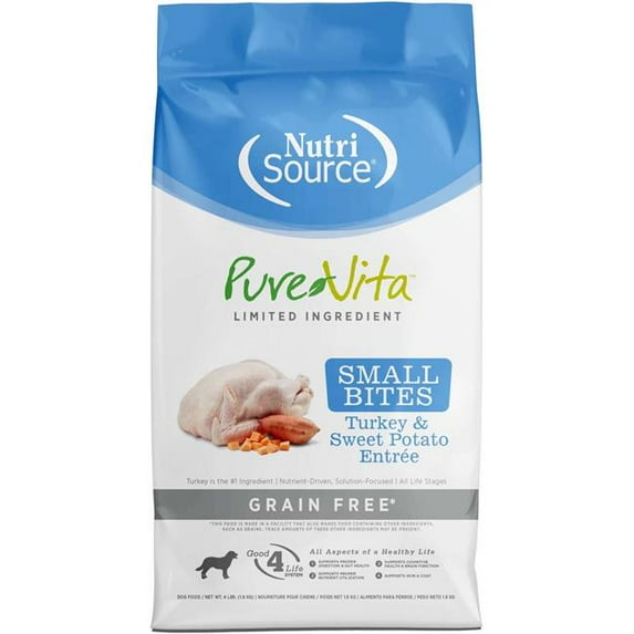 Nutrisource PureVita Grain-Free Limited Ingredient Small Bites Turkey and Sweet Potato Dry Dog Food - 4 Lbs - Case of 8
