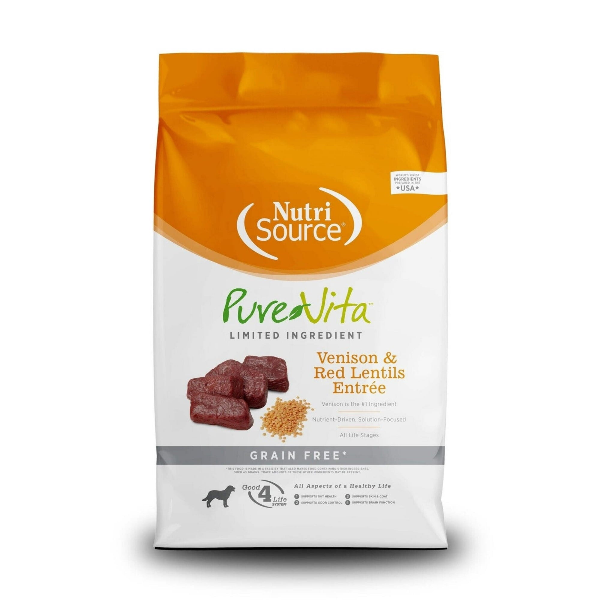 Nutrisource PureVita Grain-Free Limited Ingredient Venison and Red Lentils Entrée Dry Dog Food - 4 Lbs - Case of 8