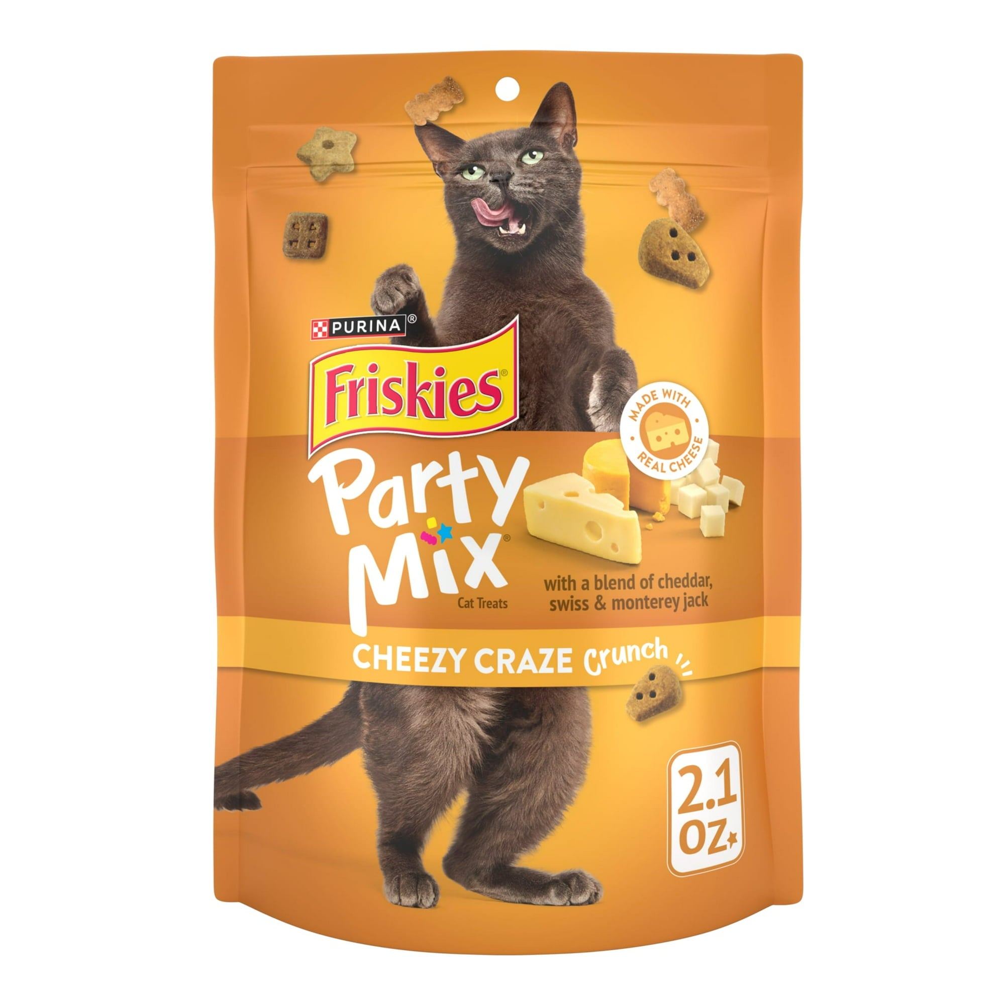 Purina Friskies Party Mix Cheesey Craze Chedder Swiss and Monterey Jack Crunchy Cat Treats - 2.1 Oz - Case of 10