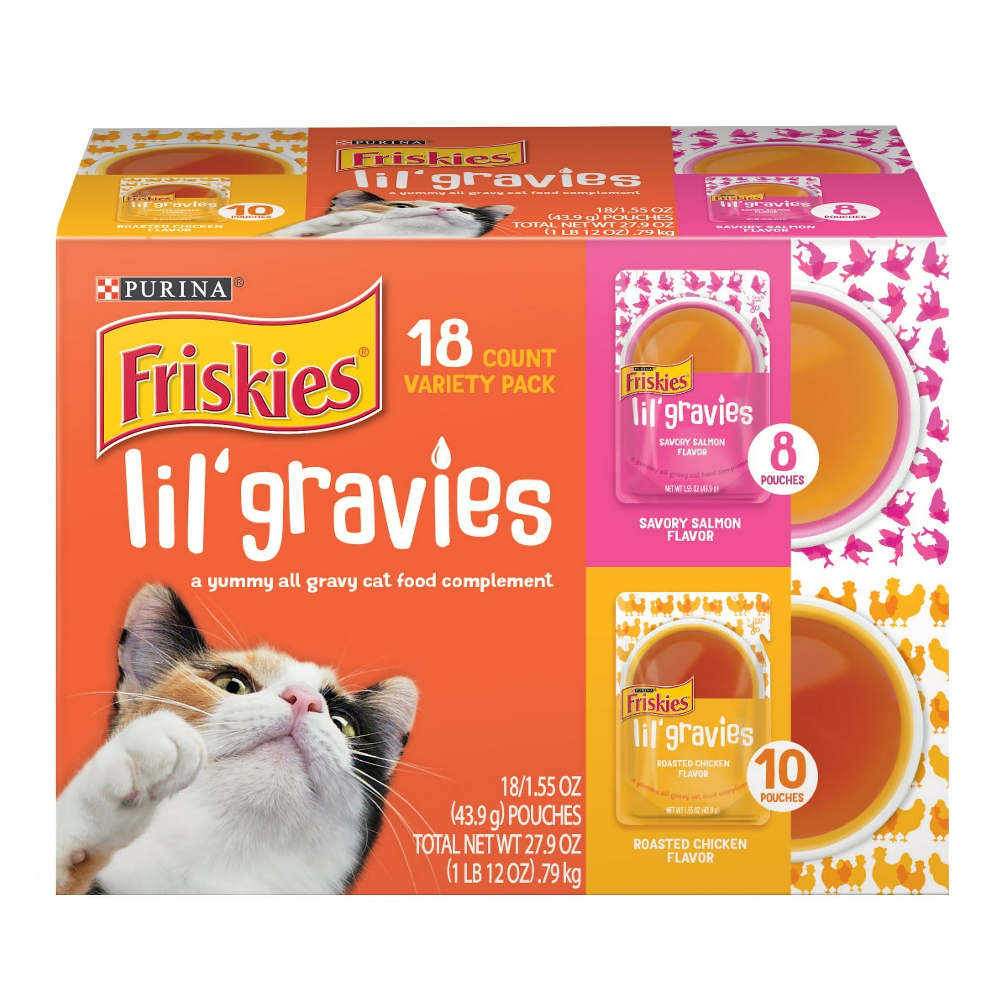 Purina Friskies Lil' Gravies Roasted Chicken and Wet Cat Food Topper Pouch - Variety Pack - 1.55 Oz - Case of 18 - 2 Pack