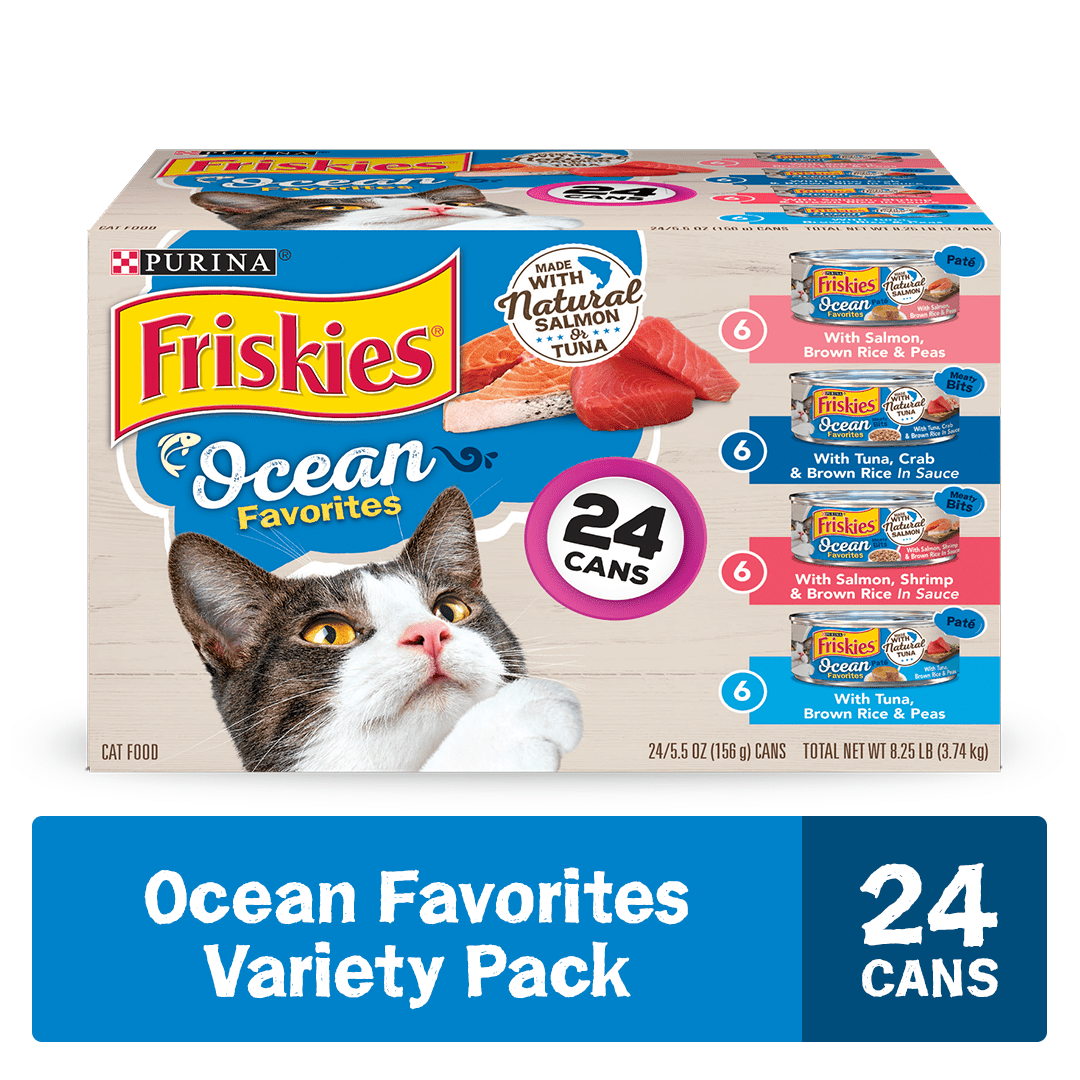 Purina Friskies Ocean Favorites Meaty Bits and Pate Salmon Tuna Seafood and Peas Canned Cat Food - Variety Pack - 5.5 Oz - 24 Count