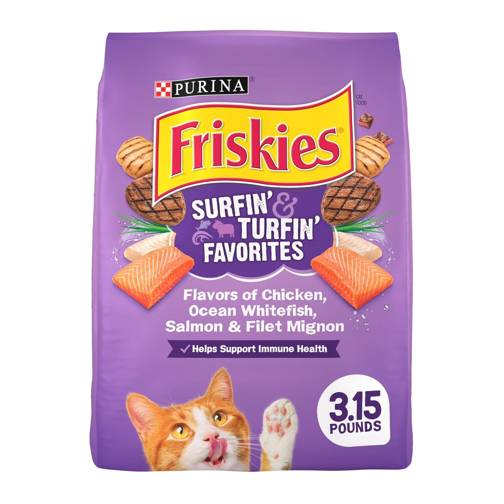 Purina Friskies Ocean Favorites Surfin' and Turfin' Whitefish Salmon and Filet Mignon Beef Dry Cat Food - 3.15 Lbs - Case of 4