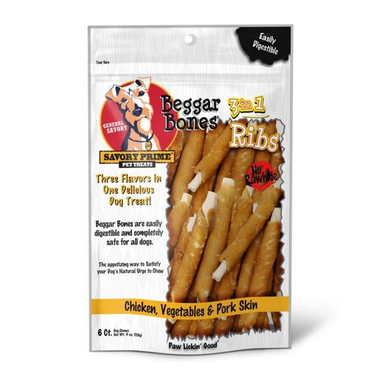Savory Prime Beggar Bones Rawhide-Free Ribs 3-in-1 Chicken Vegetable and Pork Skin Natural Dog Chews 6 Pack