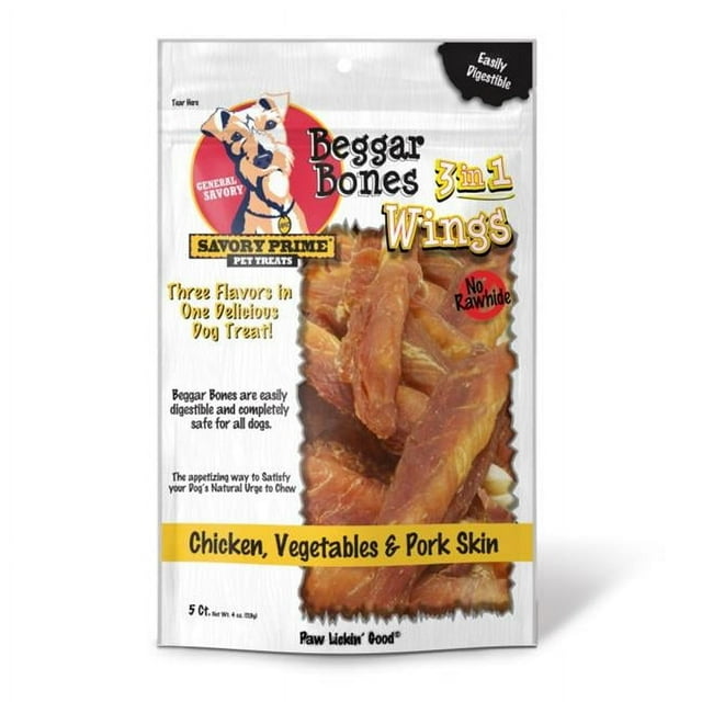 Savory Prime Beggar Bones Rawhide-Free Wings 3-in-1 Chicken Vegetable and Pork Skin Natural Dog Chews 5 Pack