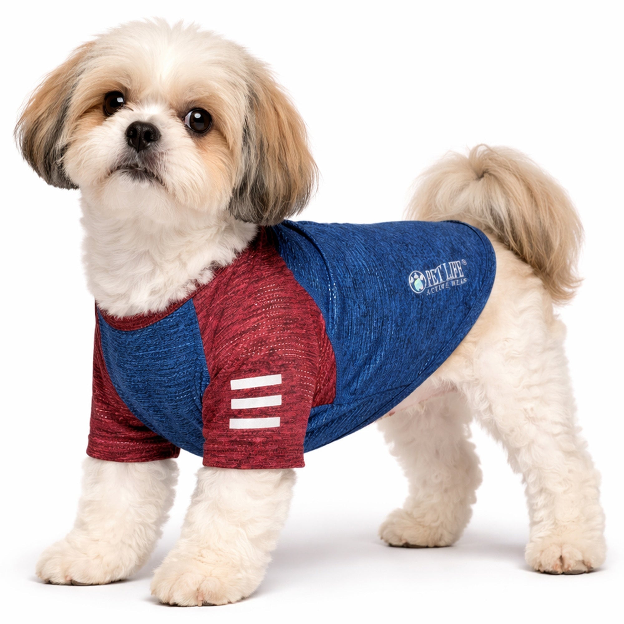 Pet Life ® Active 'Hybreed' 4-Way-Stretch Fitness Performance Dog T-Shirt X-Small Blue W/ Maroon Sleeves