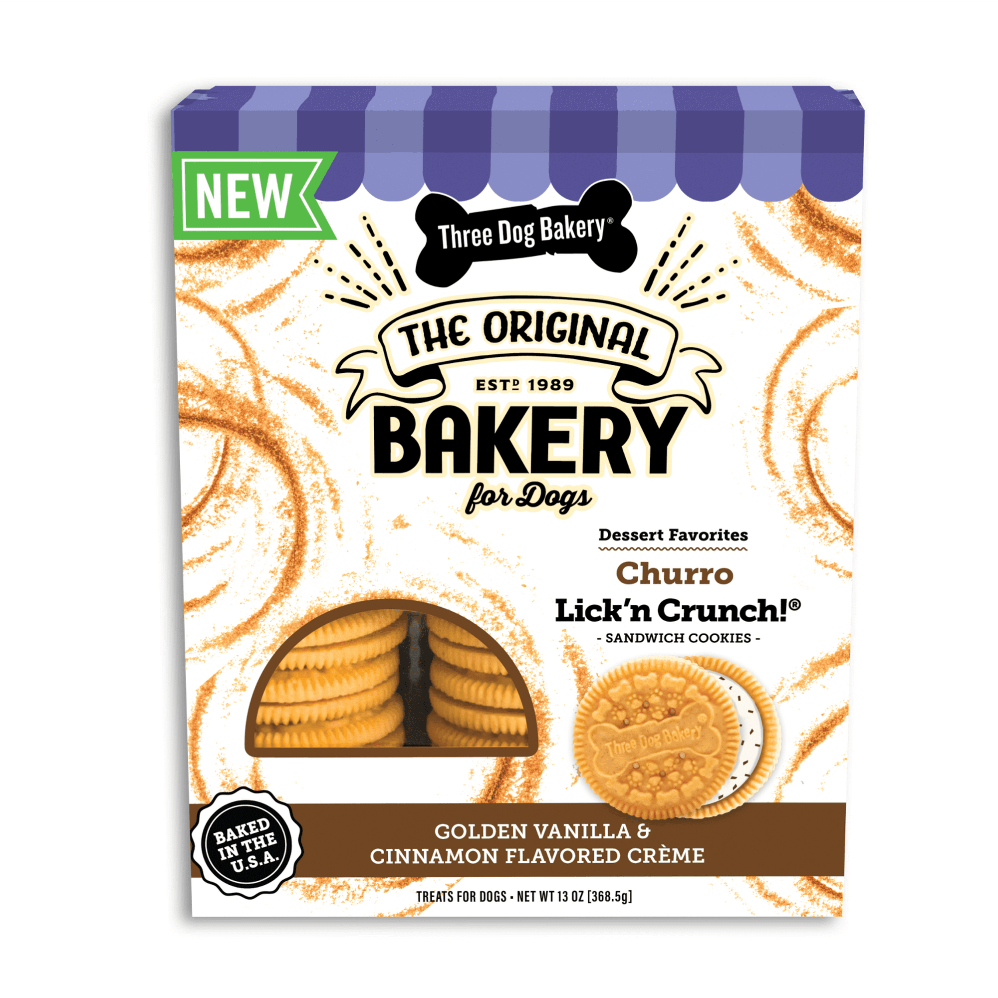 Three Dog Bakery Lick N' Crunch Churro Vanilla and Cinnamon Sandwich Cookies Crunchy Dog Treats - 13 Oz - Case of 6
