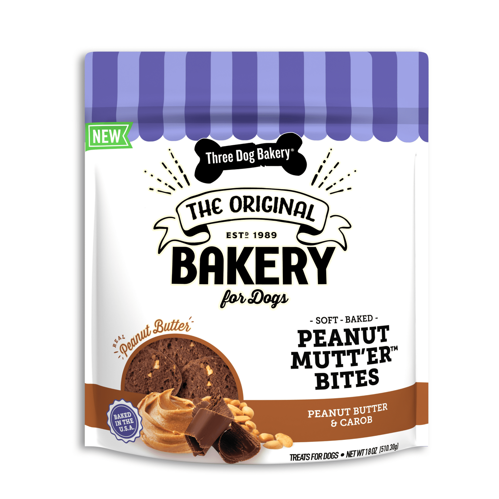 Three Dog Bakery Peanut Mutt'er Bites Peanut Butter and Carob Cookies Soft Baked Dog Treats - 18 Oz - Case of 4 Default Title