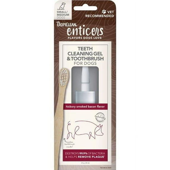 Tropiclean Enticers Hickory Smoked Bacon Flavor Oral Dog Teeth Cleaning Gel and Toothbrush - For Small Dogs - 2 Oz