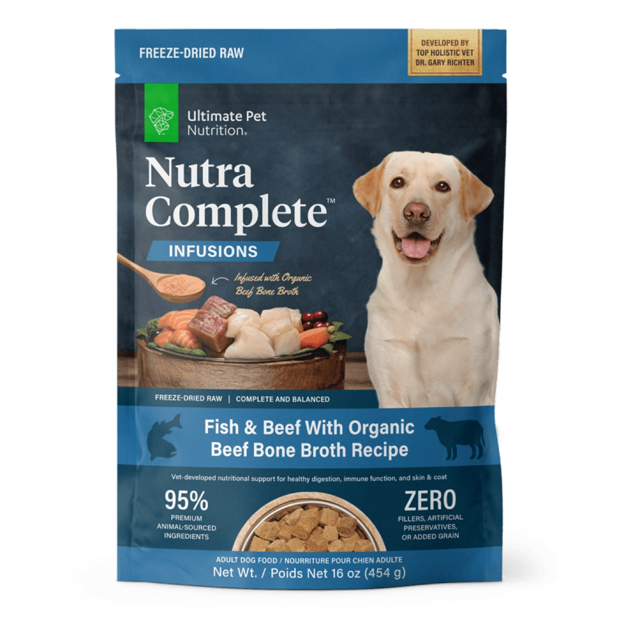 Ultimate Pet Nutrition Nutra Complete Infusions Fish and Beef with Organic Beef Bone Broth Freeze-Dried Raw Dog Food 16 Ounce