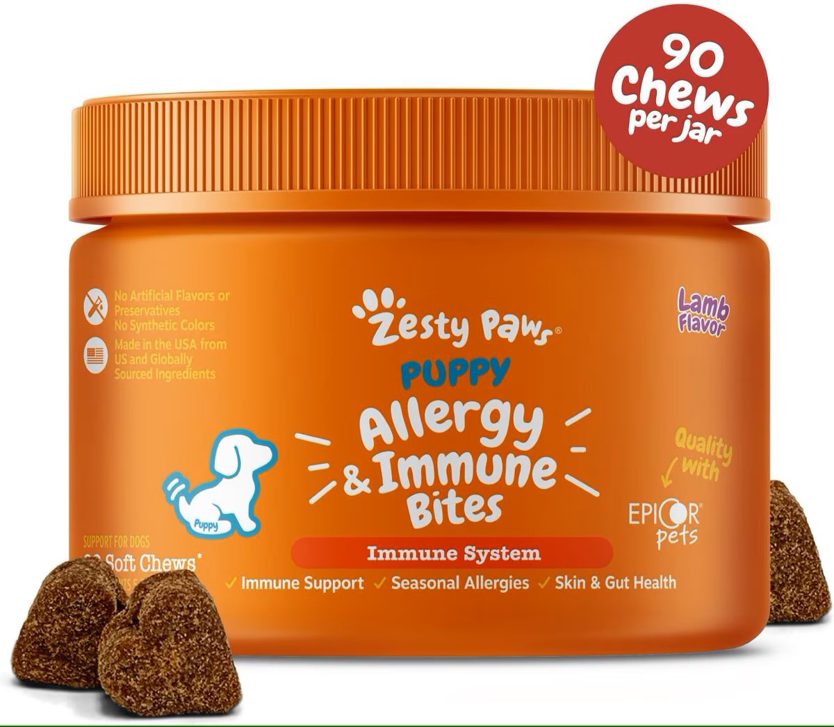 Zesty Paws Aller-Immune Alergy and Immune Support Lamb Flavor Puppy Soft Chew Dog Supplements - 90 Count  