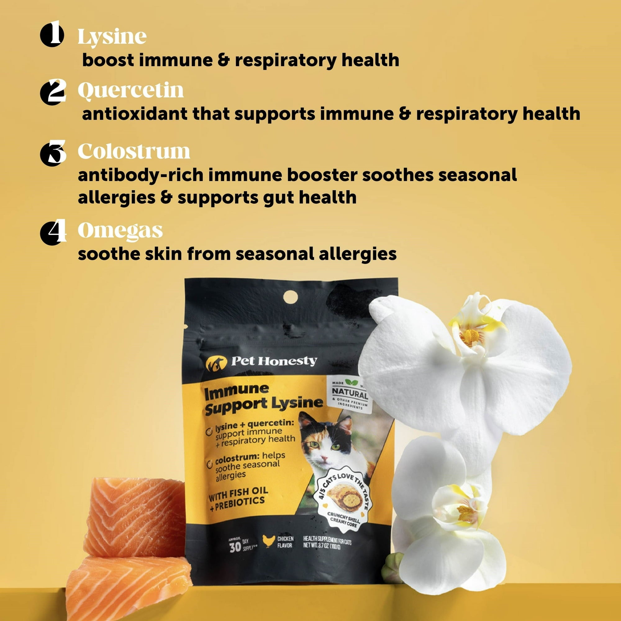 Pet Honesty Immunity L-Lysine Allergy and Omega-3 with Vitamins Chicken Flavor Supplemental Cat Treats - 3.7 Oz - 30 Day Supply