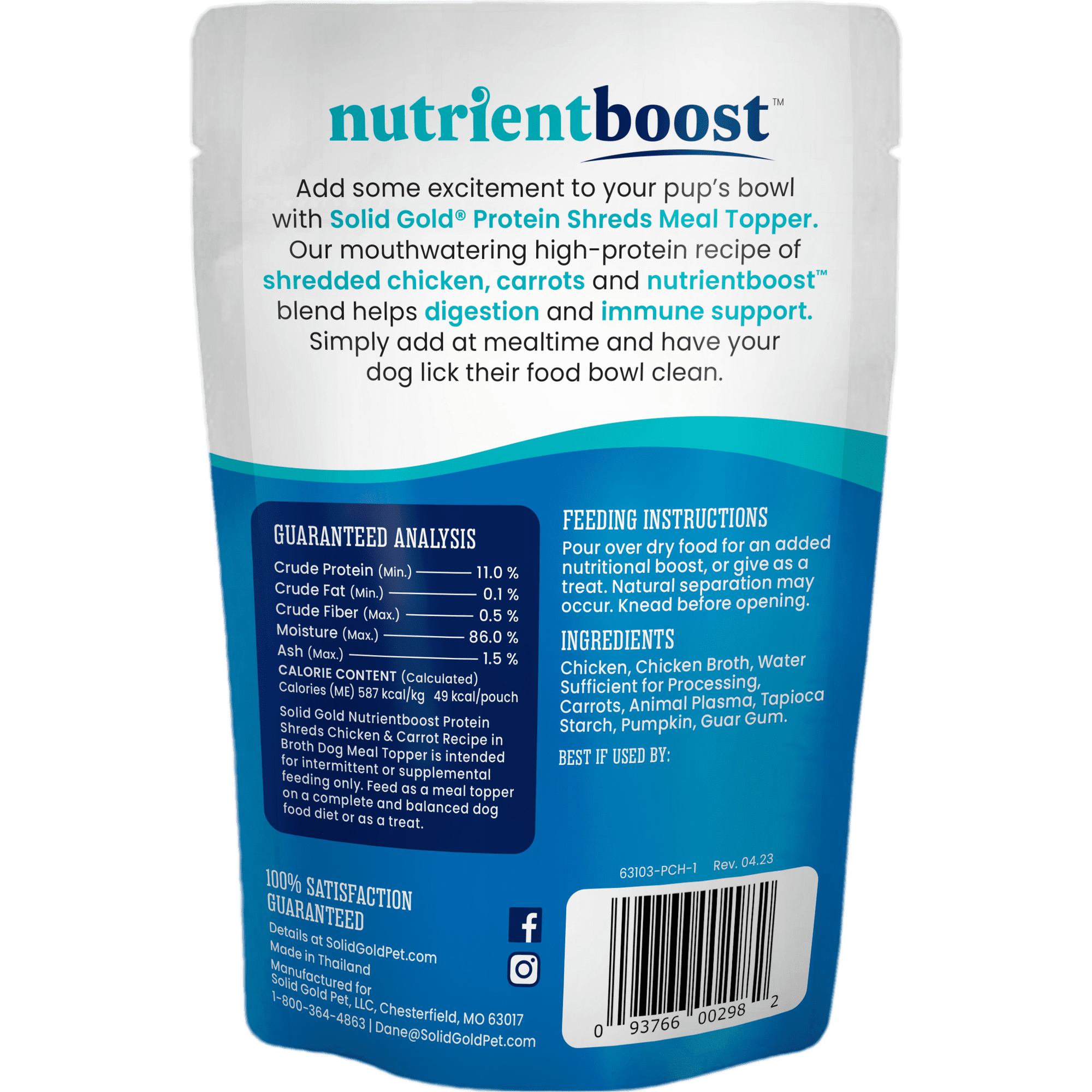 Solid Gold NutrientBoost Protein Shreds Gut Health Chicken and Carrots in Broth Wet Dog Food Topper - 3 Oz - Case of 12