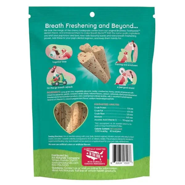 Ark Naturals Breath Bursts Peppermint Sticks Brushless Toothpaste Dental Dog Chews - 6 Oz