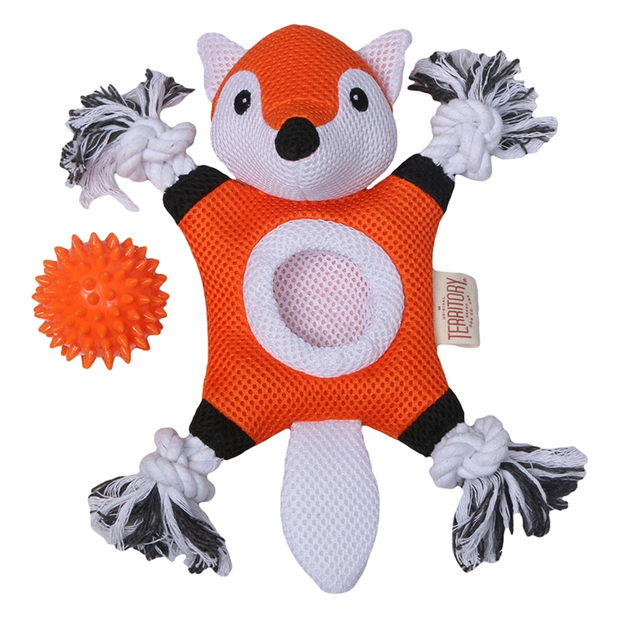 Territory 2-in-1 Fox No Stuffing Rope and Chew Dog Toy with Removable Fetch Ball - Orange - 10 Inches