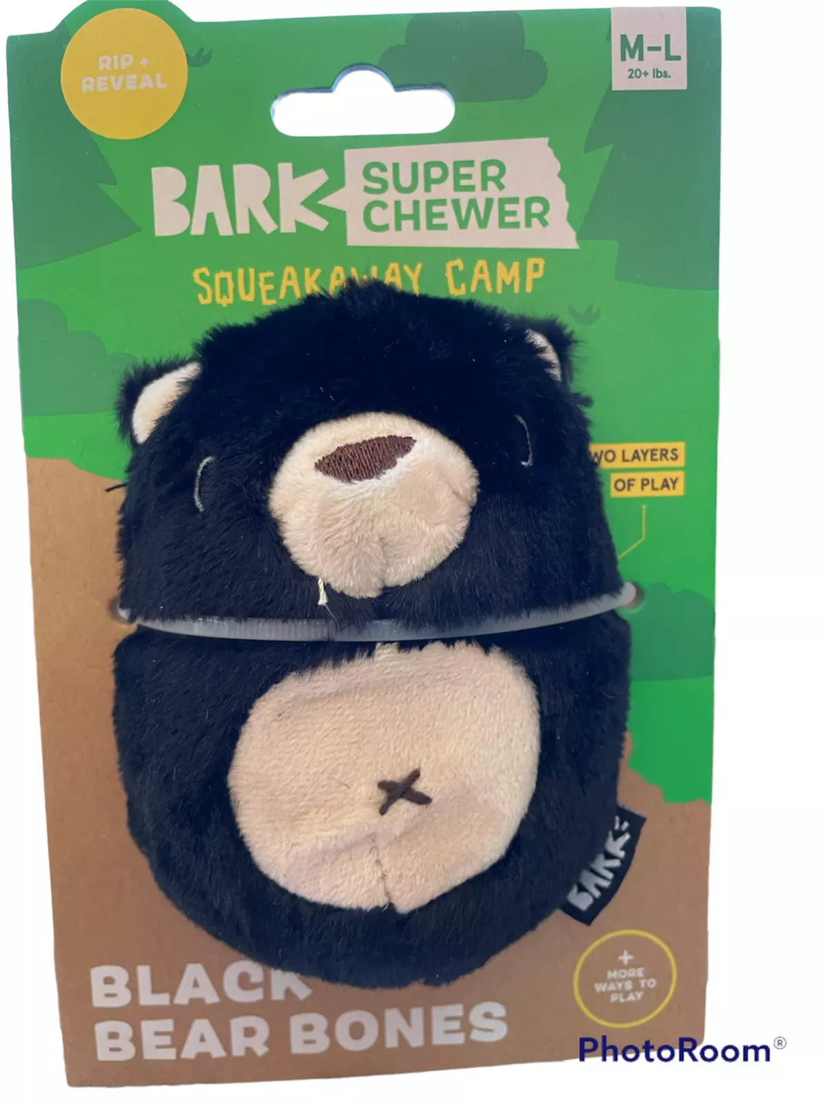 Bark Box Super Chewer Squeak-Away Camp Black Bear Squeak and Plush Dog Toy  