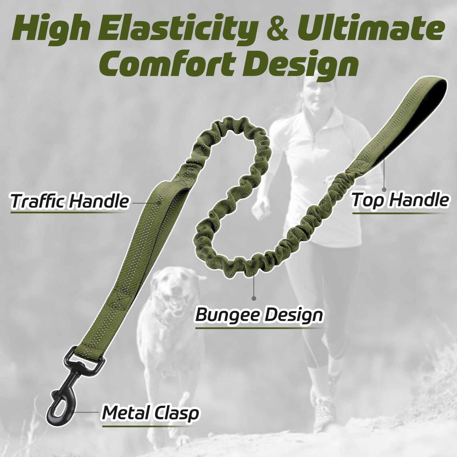 Bella and Max Heavy Bungee Dog Leash - Green - 49-69