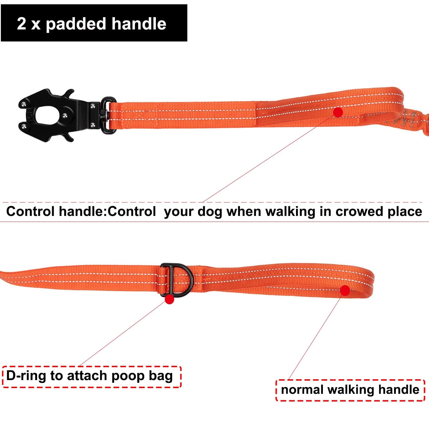 Bella and Max Heavy Bungee Dog Leash - Orange - 49-69" Inches  