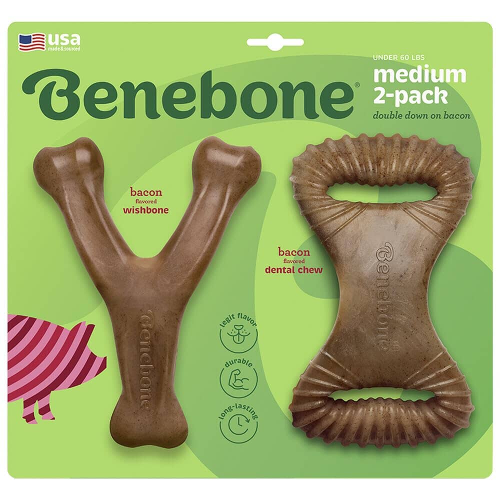 Benebone Made in USA Real Bacon Flavored Wishbone and Dental Chew Dog Toy - Medium - 2 Pack