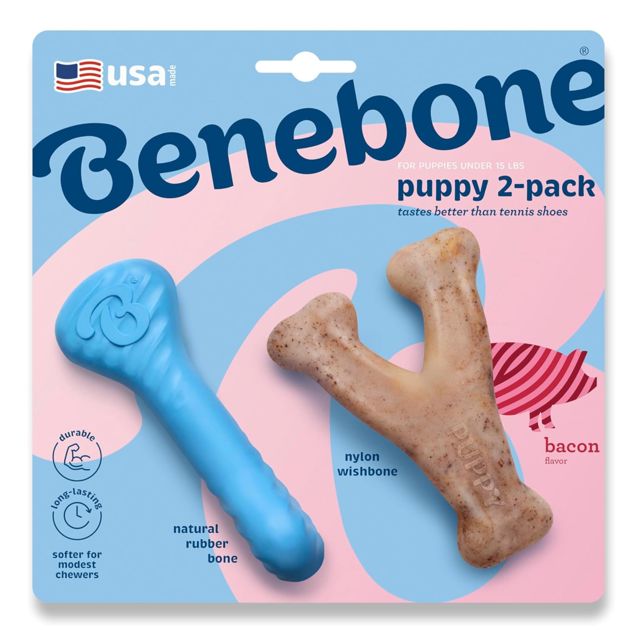Benebone Made in USA Real Bacon Flavored Wishbone and Rubber Bone Puppy Dog Chew Toy - Tiny - 2 Pack