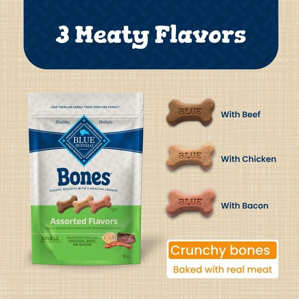 Blue Buffalo Bones Assorted Beef Bacon and Chicken Small Dog Biscuits Treats - 16 Oz