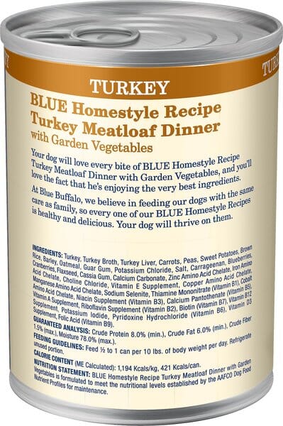 Blue Buffalo Homestyle Recipe Turkey Meatloaf Dinner Canned Dog Food - 12.5 Oz - Case of 12