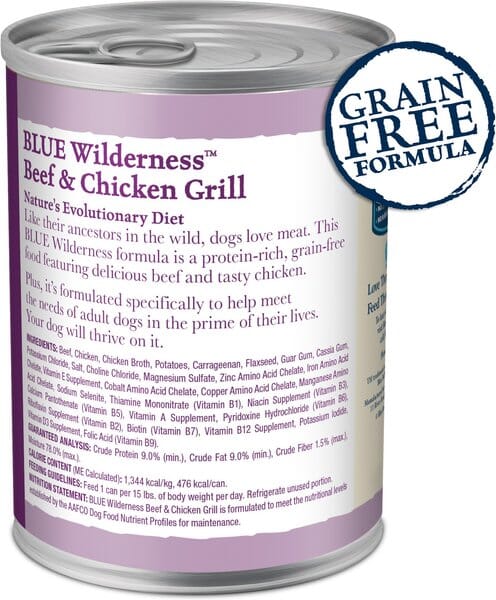 Blue Buffalo Wilderness Adult High-Protein Grilled Beef and Chicken Canned Dog Food - 12.5 Oz - Case of 12