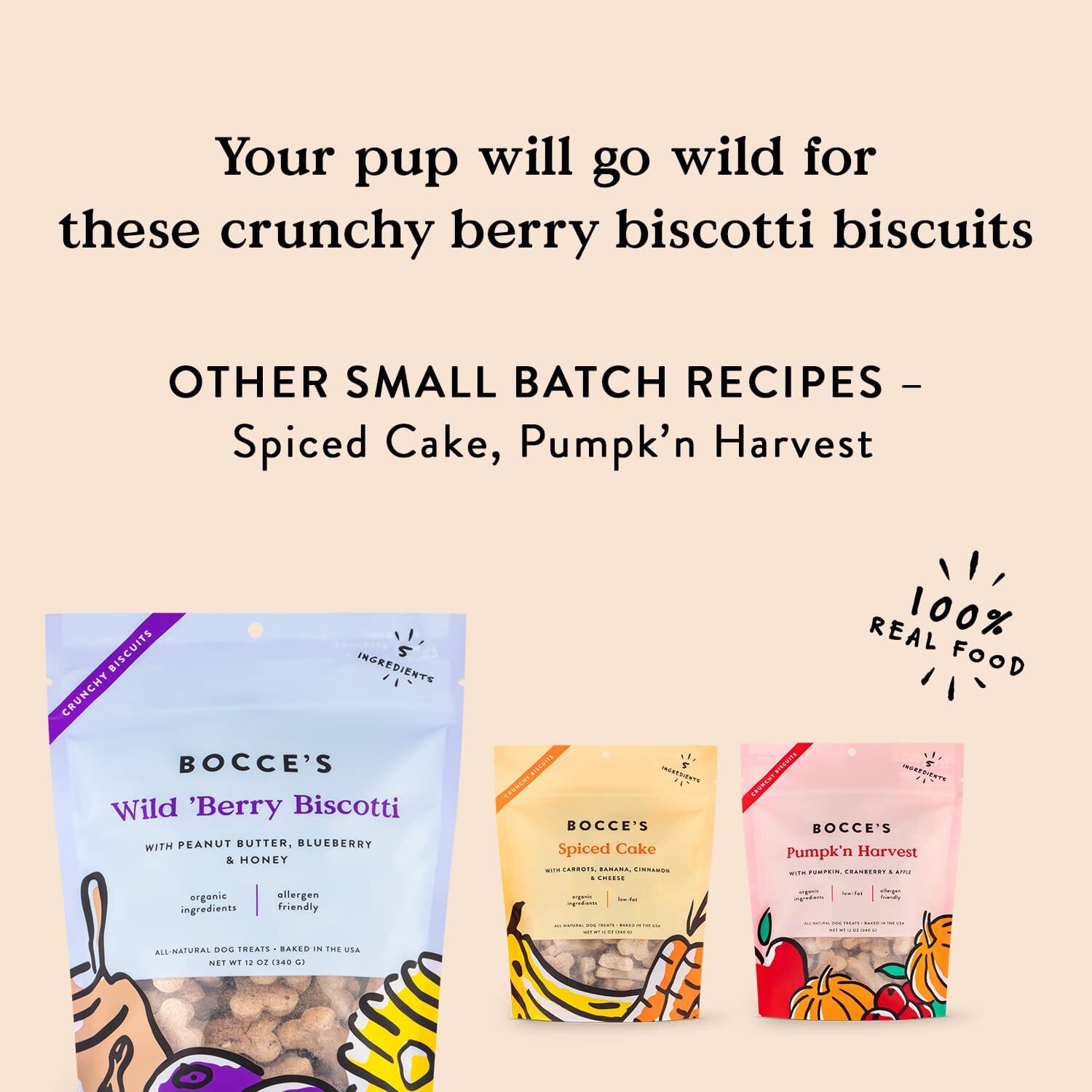 Bocce's Bakery Made in USA Small Batch Organic Wild 'Berry Biscotti Blueberry Peanut Butter and Honey Biscuit Dog Treats - 12 Oz