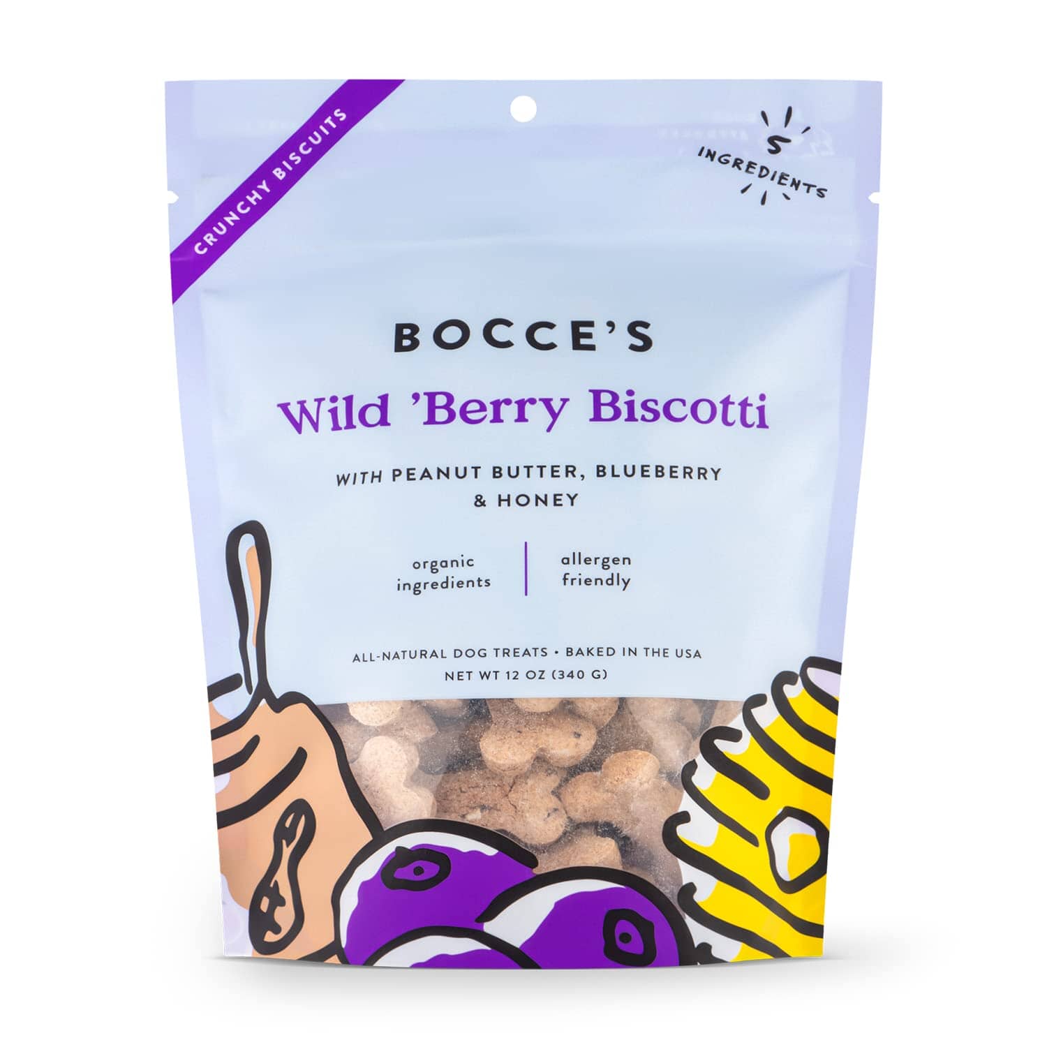 Bocce's Bakery Made in USA Small Batch Organic Wild 'Berry Biscotti Blueberry Peanut Butter and Honey Biscuit Dog Treats - 12 Oz