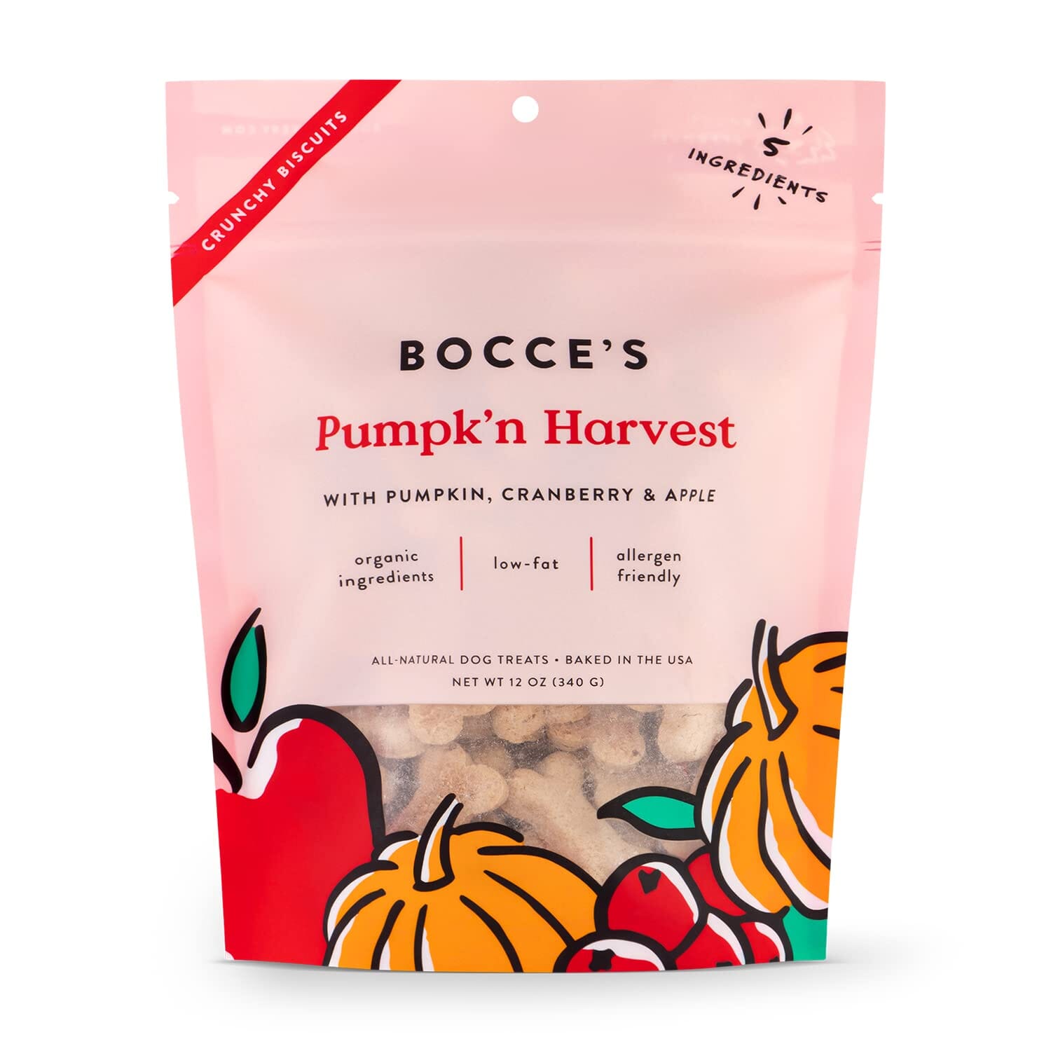 Bocce's Bakery Made in USA Small Batch Pumpk'n Harvest Limited Ingredient Pumpkin Apple and Cranberry Biscuit Dog Treats - 12 Oz