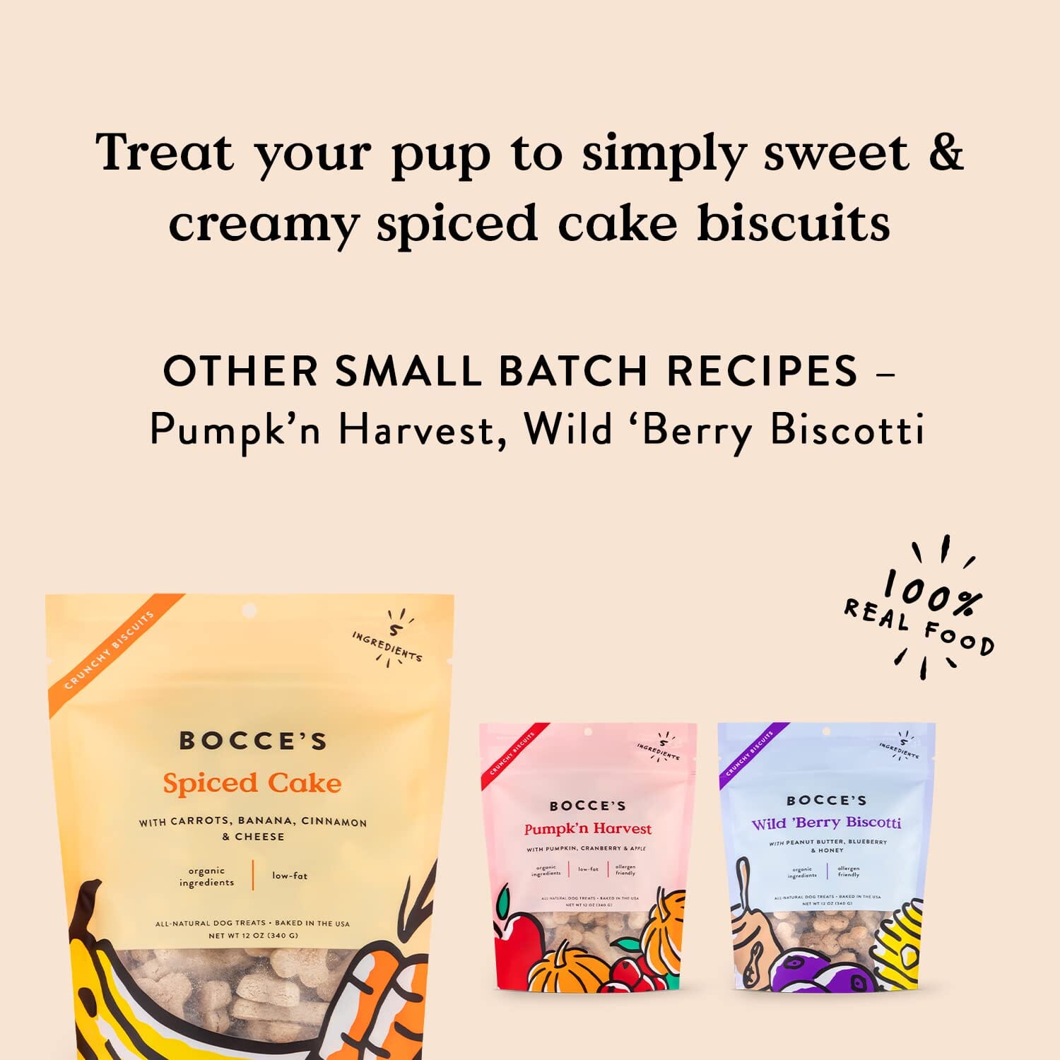 Bocce's Bakery Made in USA Small Batch Spiced Cake Limited Ingredient Cheese Banana and Cinnamon Biscuit Dog Treats - 12 Oz
