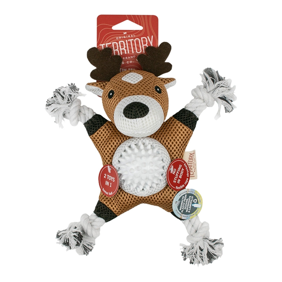 Territory 2-in-1 Deer No Stuffing Rope and Chew Dog Toy with Removable Fetch Ball - Brown - 10 Inches