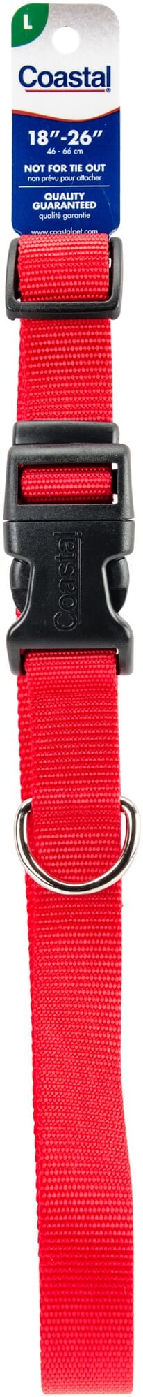 Coastal Adjustable Plastic Tuff-Buckle Nylon Dog Collar Red Large - L:18-26 X W:1 Inch