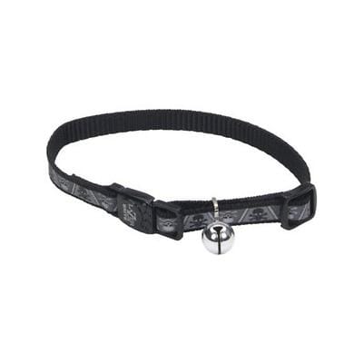 Coastal Lazer Bright Reflective Breakaway Cat Collar with Bell - L:8-12 X W:3/8 Inch Black Skull Print