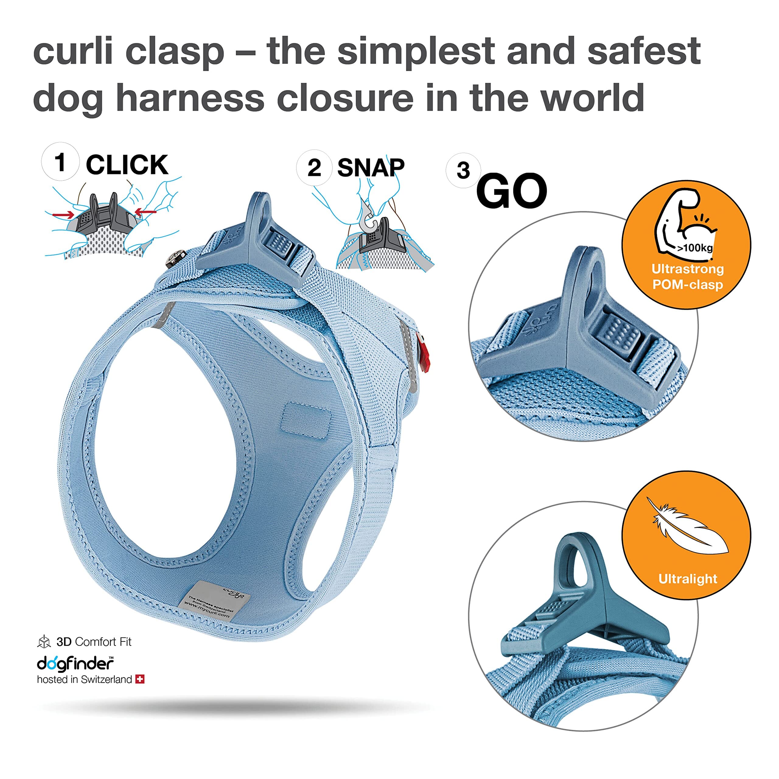 Curli Clasp Mesh Vest Dog Harness - Sky Blue - Small  