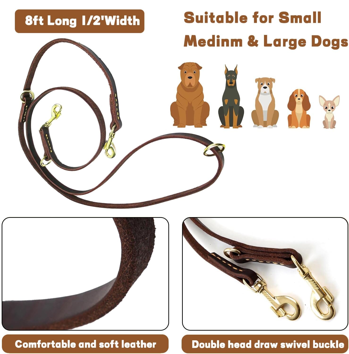 Curli Leather Adjustable Dog Leash - Brown - Large  