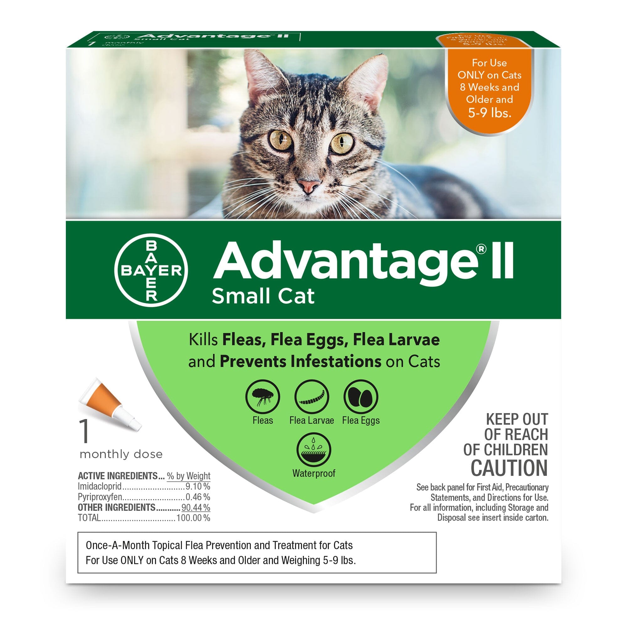 Elanco Advantage II Small Cat 1-Month Dose Flea and Tick Spot-on Treatment - 5-9 Lbs - Orange