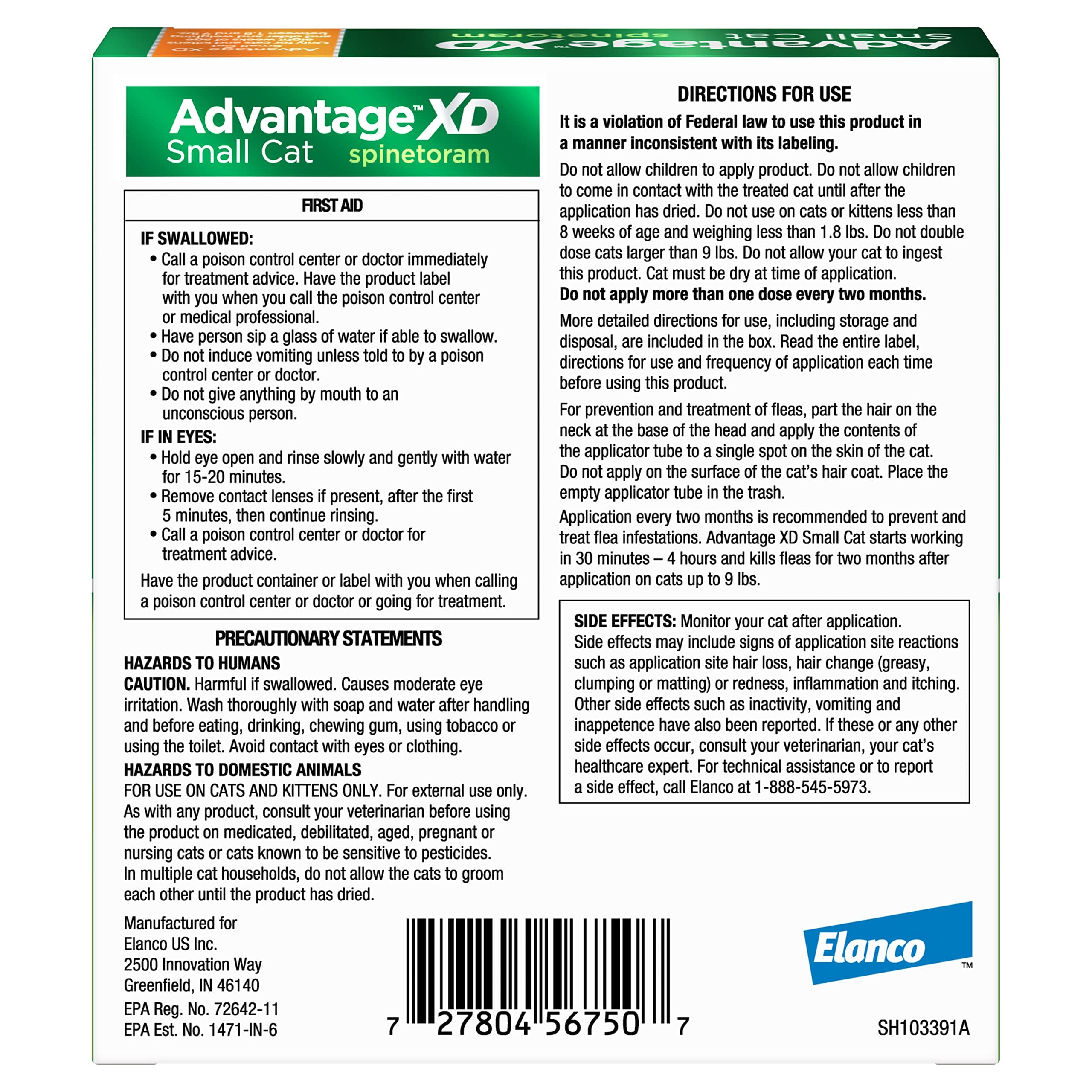 Elanco Advantage XD Extended Small Cat 2-Month 1-Dose Flea and Tick Spot-on Treatment - 1.8-9Lbs