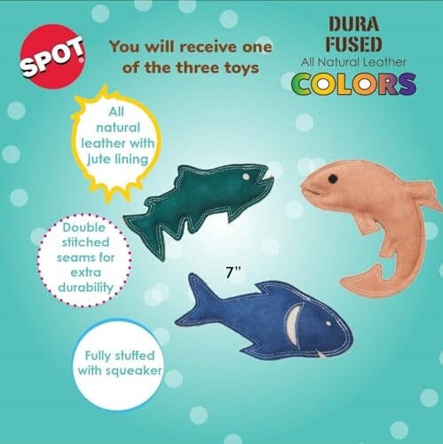 Ethical SPOT Dura-Fused Colors Natural Leather Fish Squeak Chew Dog Toy - 7 Inch