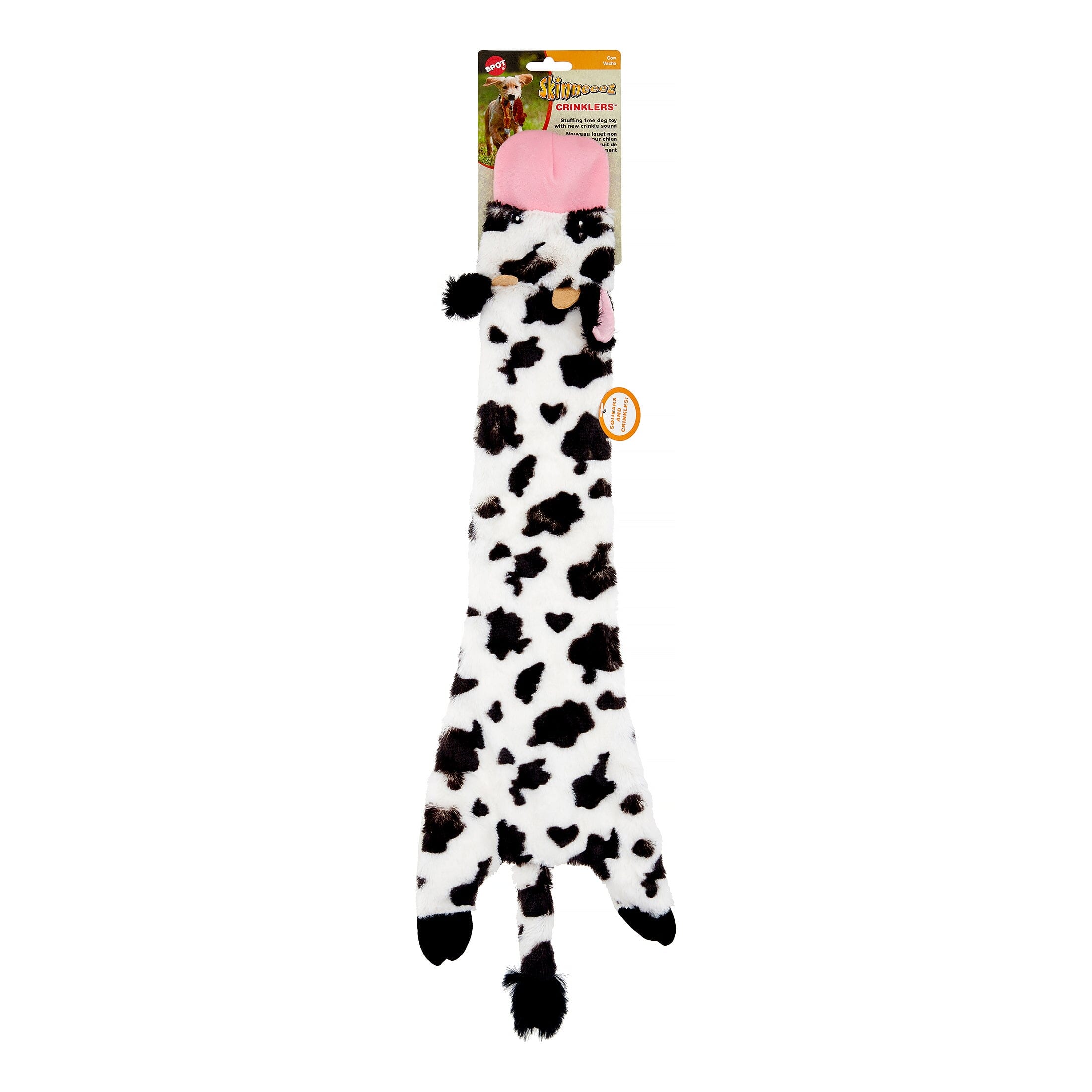 Ethical SPOT Skinneeez Stuffing-Free Crinklers Cow Squeak and Crinkle Soft Dog Toy Large - 23 Inch
