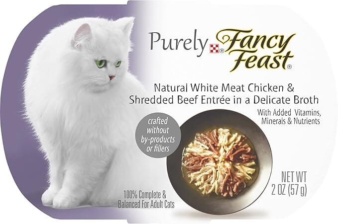 Fancy Feast Purely Gourmet Natural Chicken and Shredded Beef Entrée in Broth Wet Cat Food Tray - 2 Oz - Case of 10  