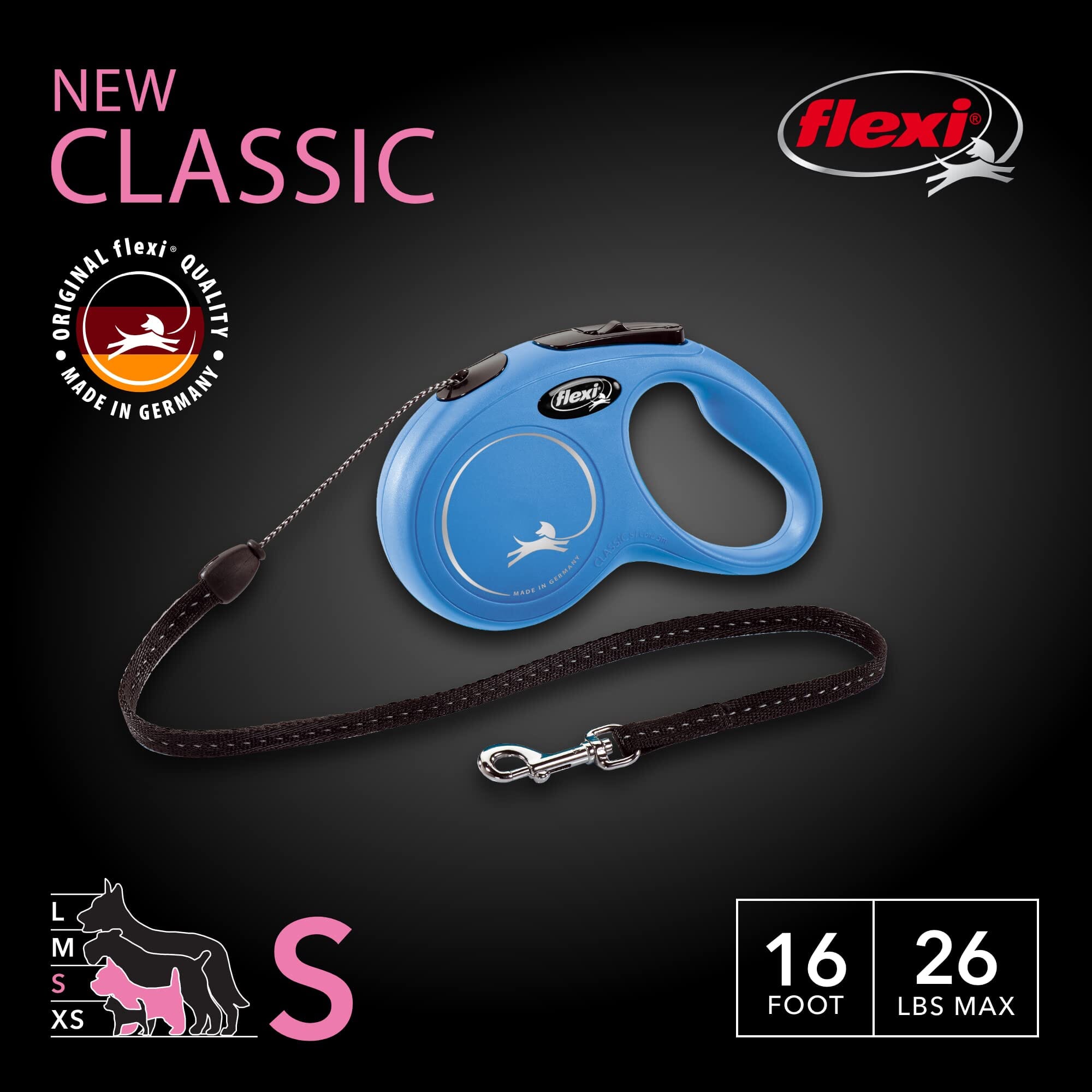 Flexi Classic Cord Retractable Dog Leash - Blue - Medium - 16 Feet  