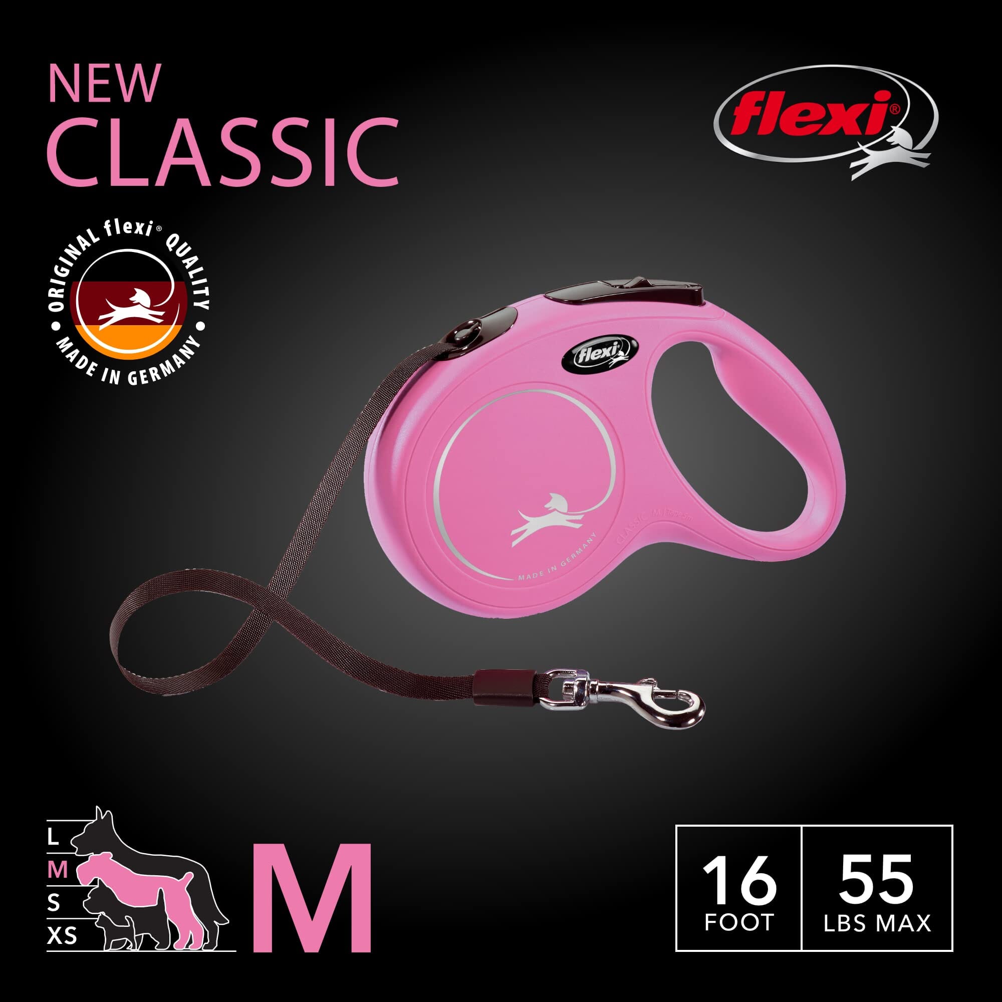 Flexi Classic Tape Rectractable Dog Leash - 55 Lbs - Pink - Medium - 16 Feet  